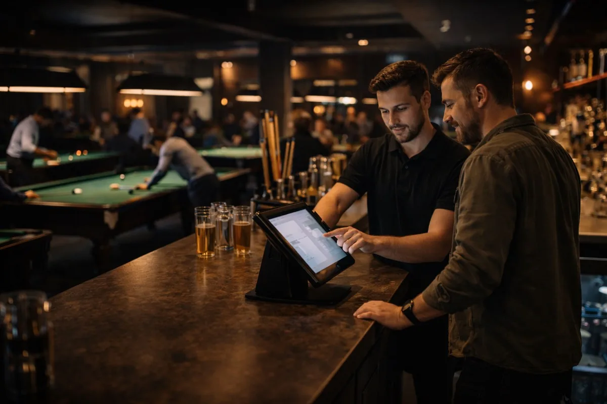 A steward taking an order on an epos247 till beside the club's snooker tables