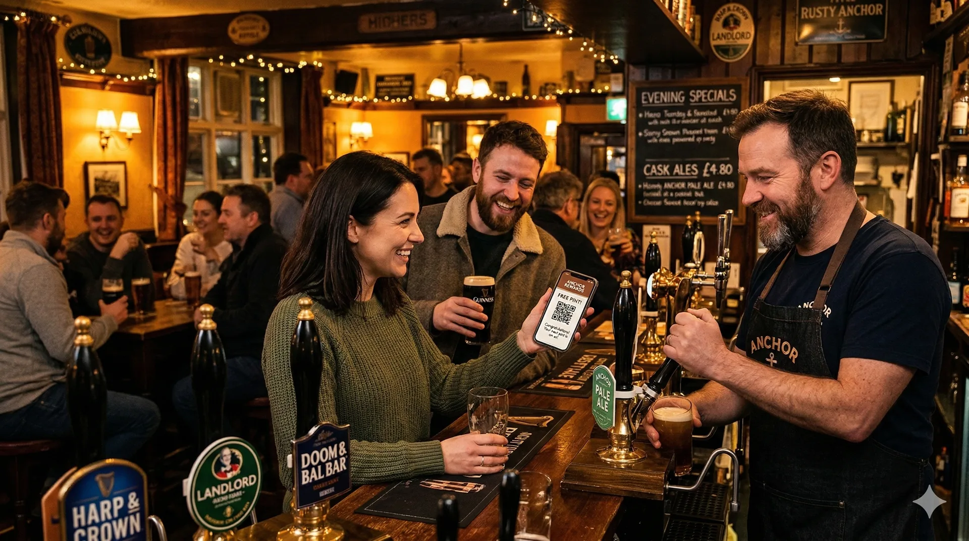 Busy pub customers and staff using epos247 and loyalty features