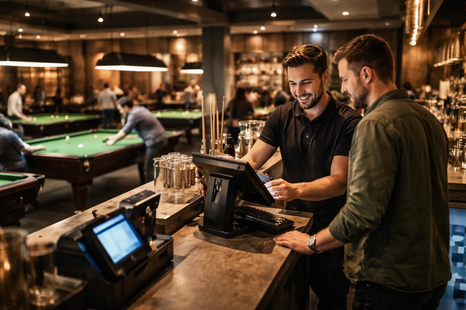 Snooker and pool hall environment with customers and service area